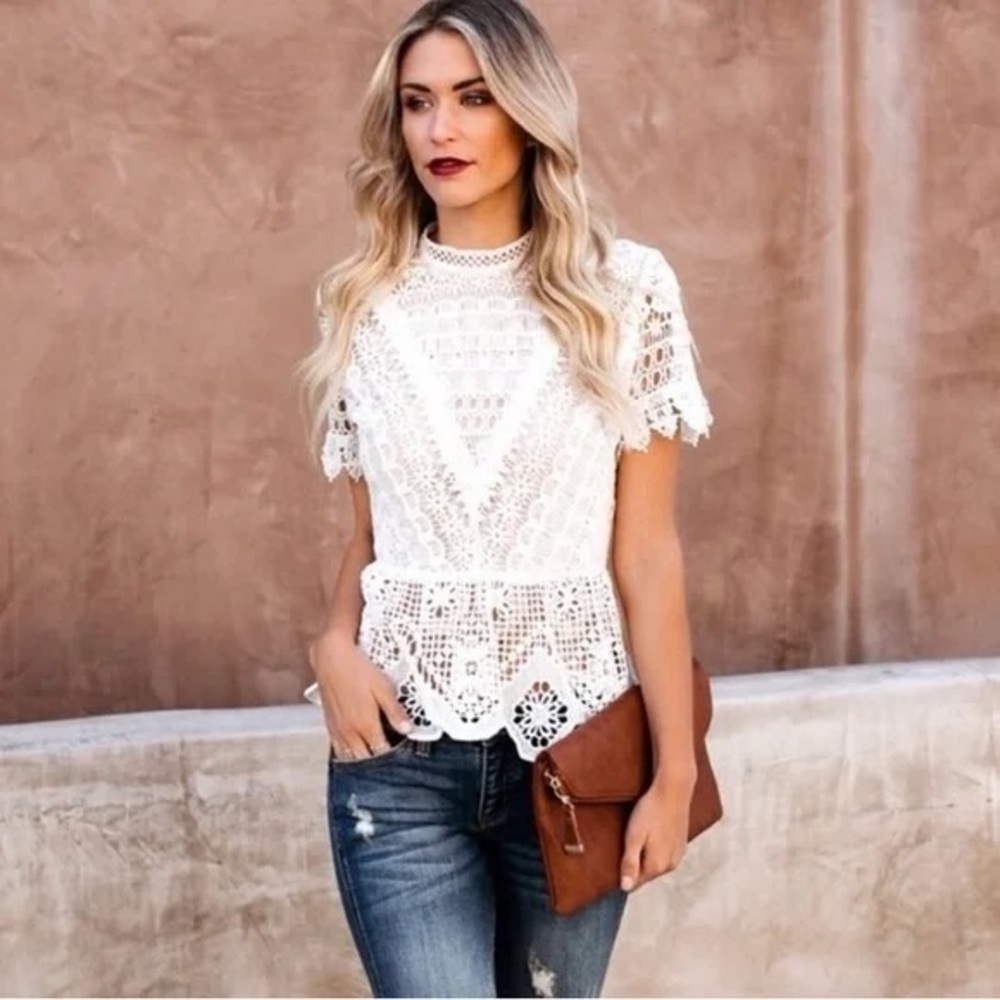 Ivory Lace with Cream Peplum Blouse with Short Sleeves and Embellished Details